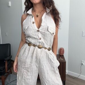 100% Linen Size M Women's Cream Jumpsuit with Button Details